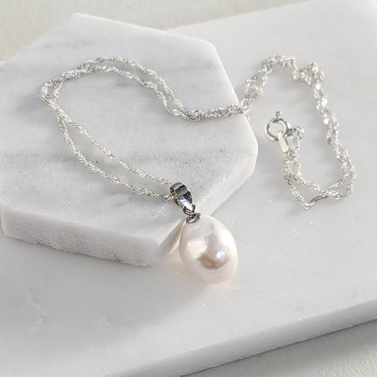 White Baroque Pearl Pendant On Sterling Silver Chain