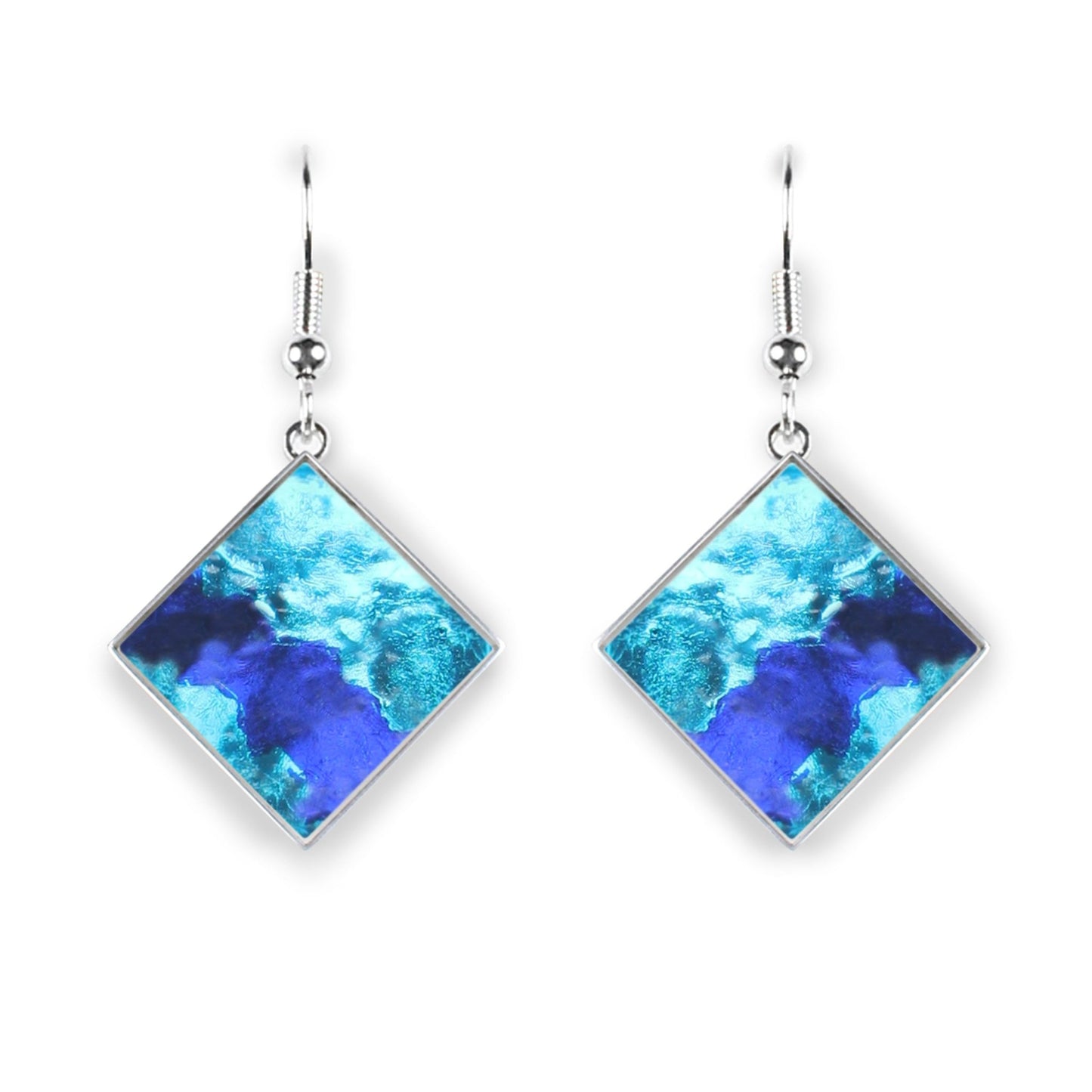 Blue Stained Glass Square Shiny Fish Hook Earrings | The Jewellery Stop