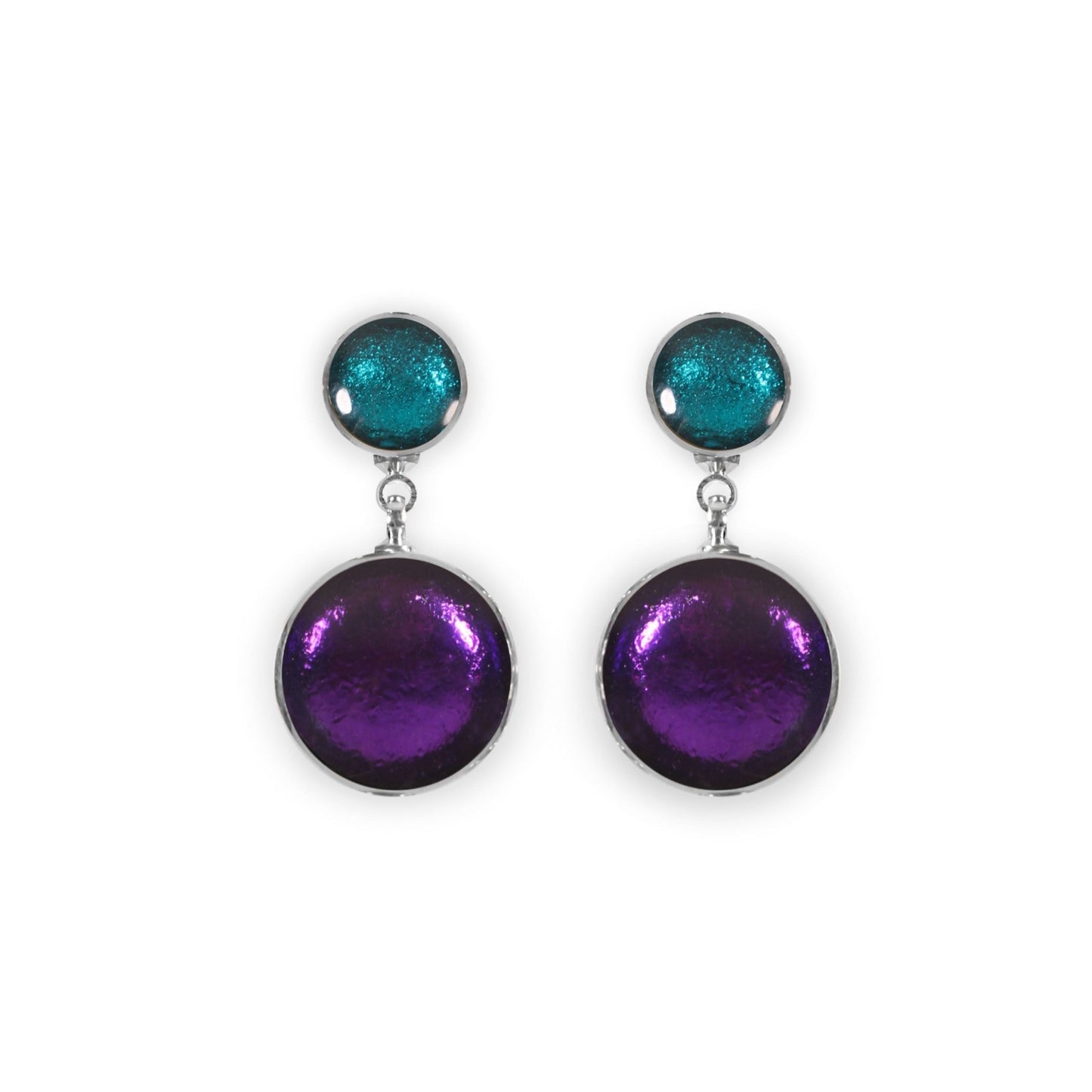 Peacock Aluminium Circles Shiny Double Drop Stud Earrings | The Jewellery Stop