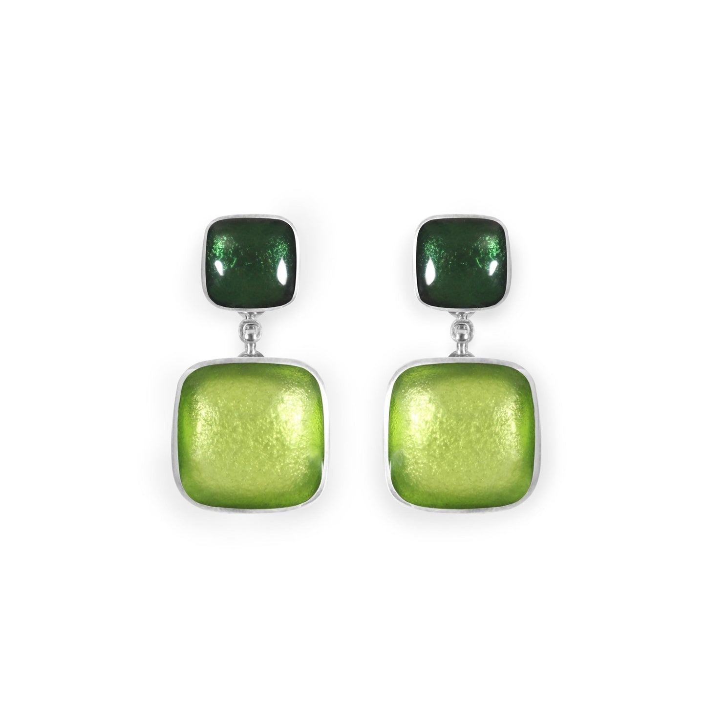 Kiwi Aluminium Squares Shiny Double Drop Stud Earrings | The Jewellery Stop