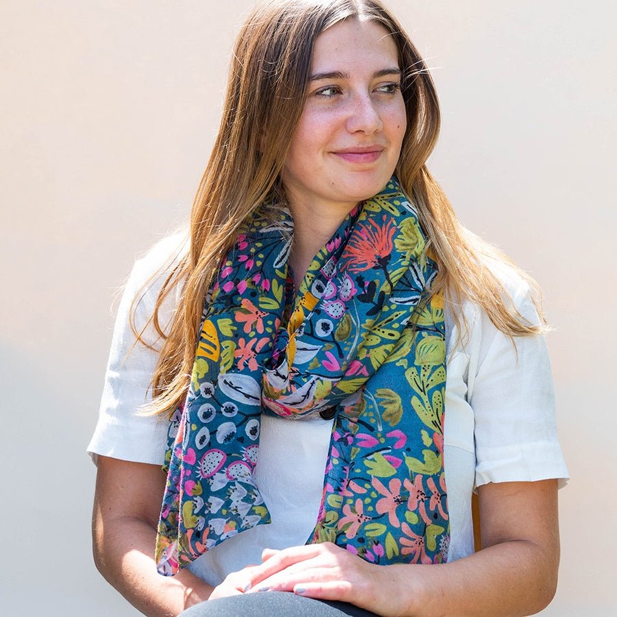 Teal And Pink Mix Flower Garden Scarf | The Jewellery Stop