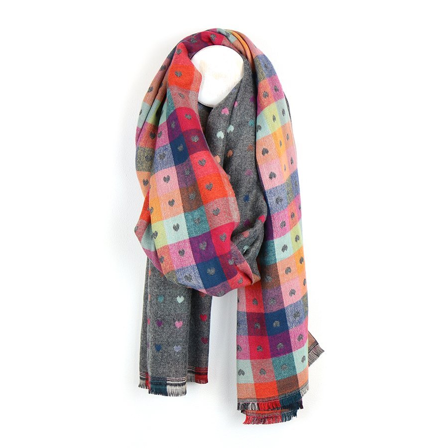 Grey and Rainbow Reversible Heart Check Scarf | The Jewellery Stop