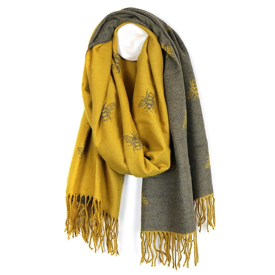Mustard and Grey Reversible Bee Scarf | The Jewellery Stop