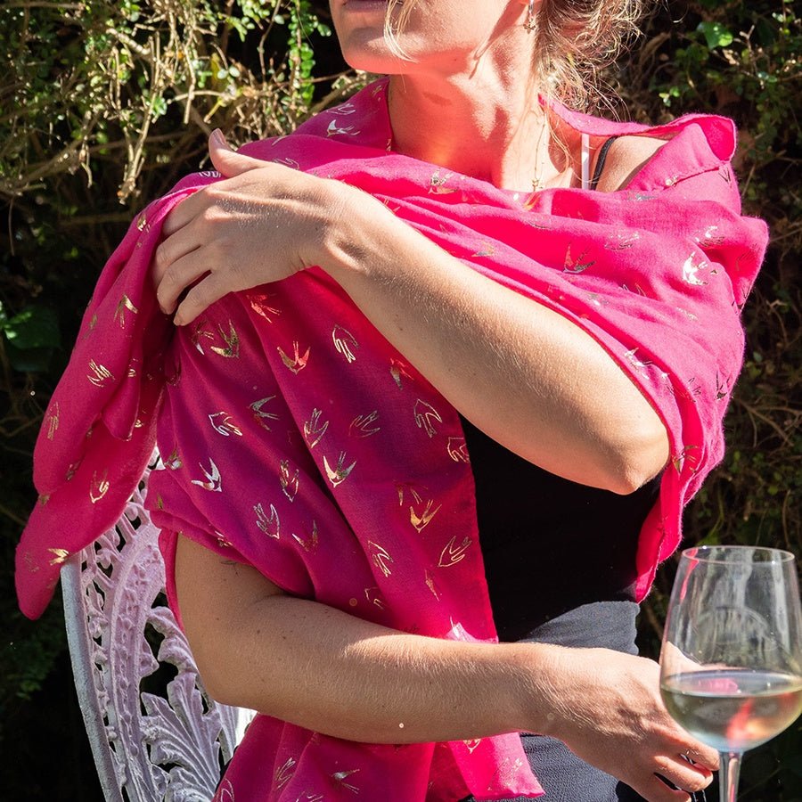 Hot Pink Scarf with Foiled Rose Gold Swallows | The Jewellery Stop