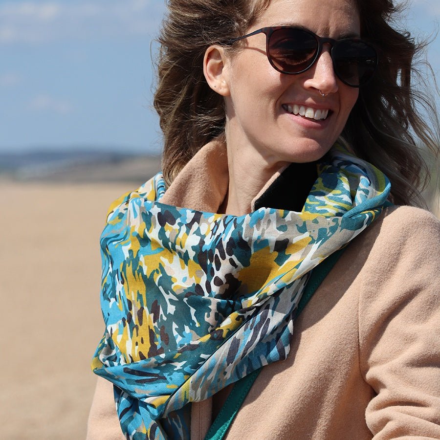 Teal and Mustard Abstract Scarf | The Jewellery Stop