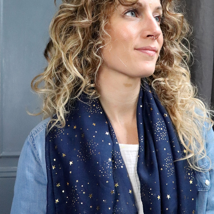 Navy Scarf With Gold Foiled Stars | The Jewellery Stop