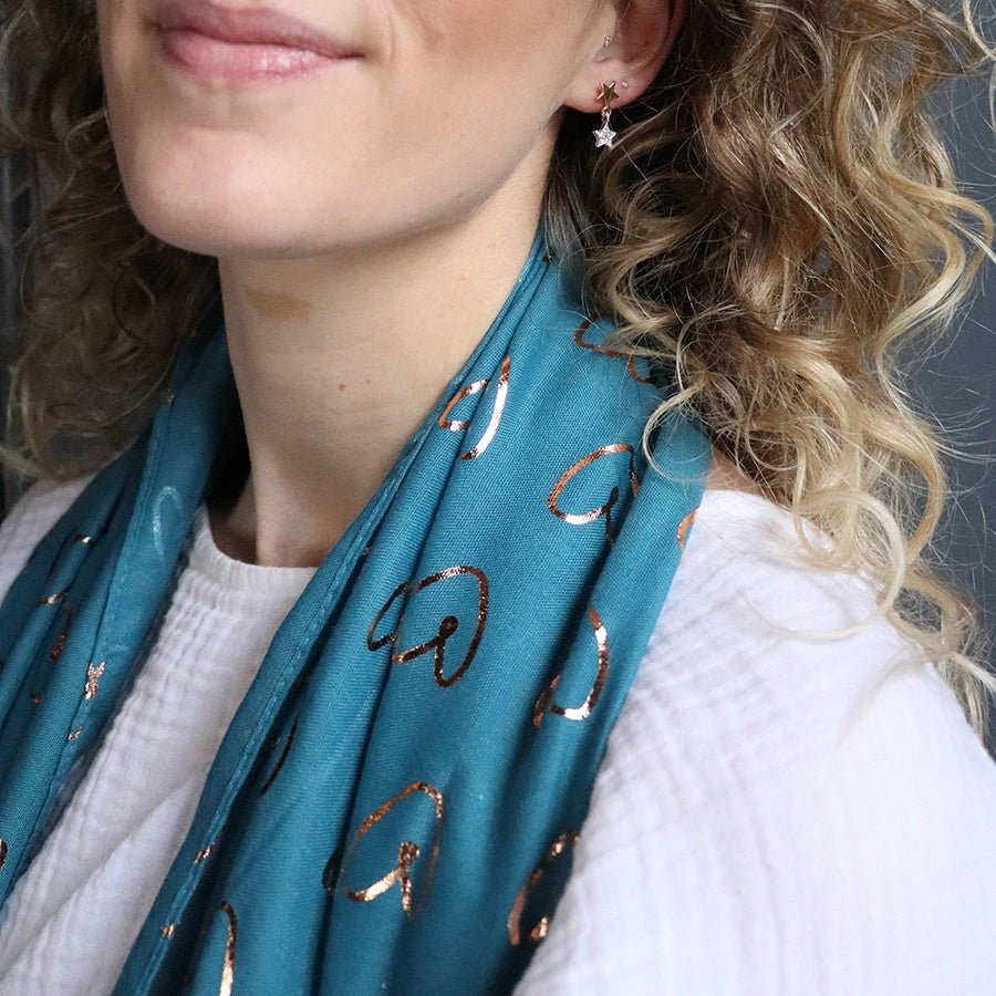 Teal Scarf with Rose Gold Foiled Hearts | The Jewellery Stop