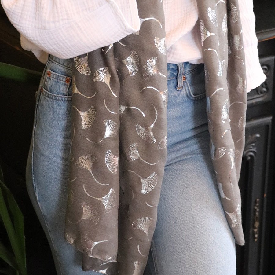 Grey Scarf With Silver Foiled Leaf | The Jewellery Stop