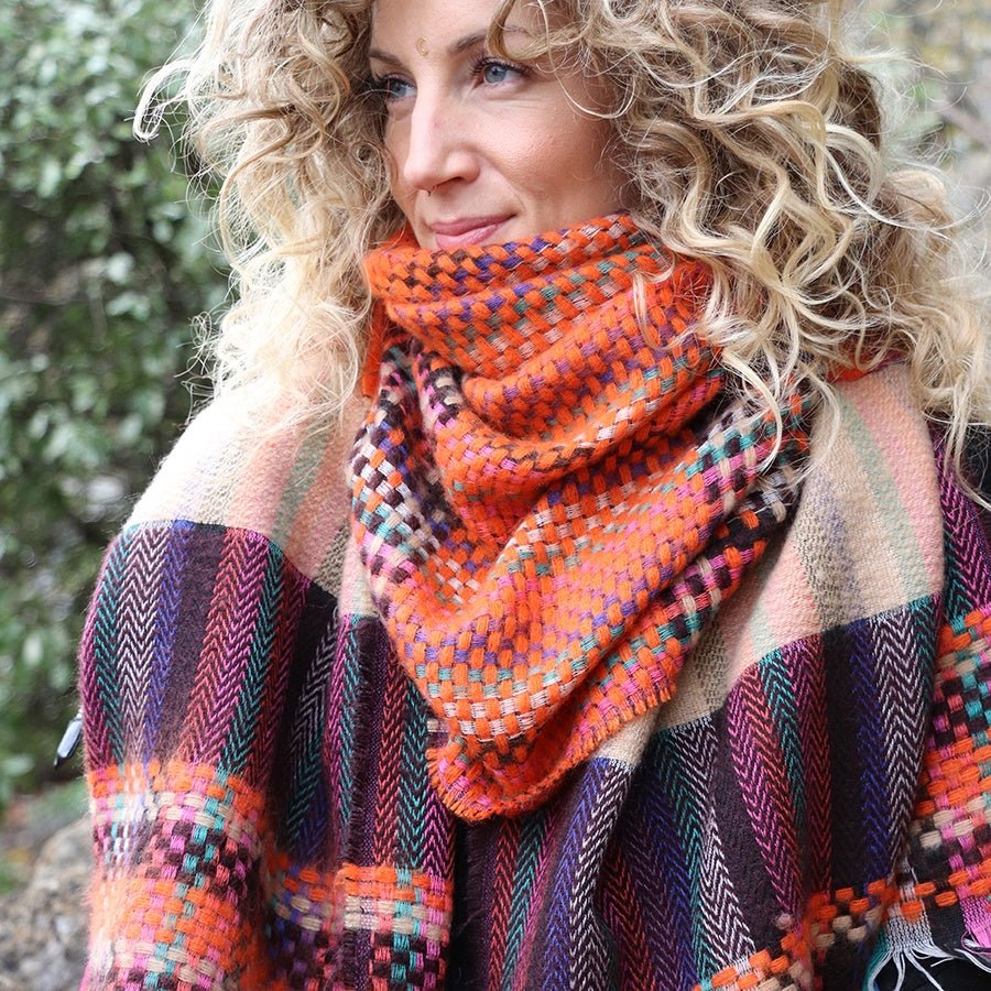 Orange And Teal Woven Check Scarf with Fringe | The Jewellery Stop