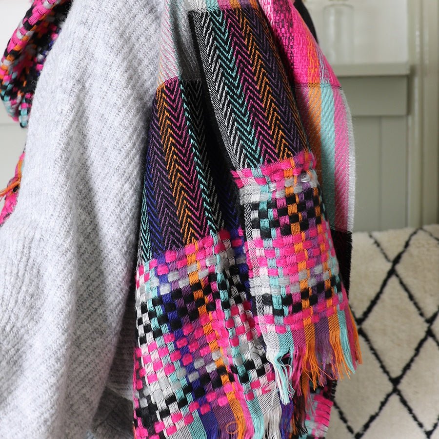Pink Mix Woven Check Scarf with Fringe | The Jewellery Stop