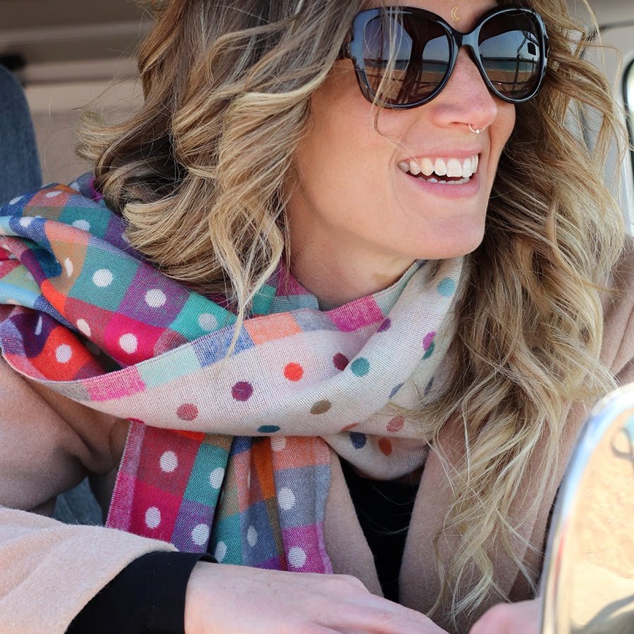 Cream and Rainbow Reversible Polka Dot Check Scarf | The Jewellery Stop