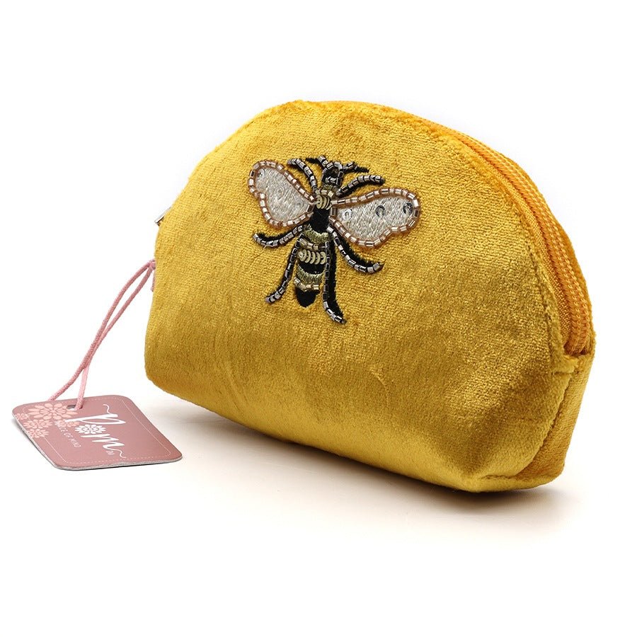 Mustard Velvet Embroidered Bee Pouch Purse | The Jewellery Stop