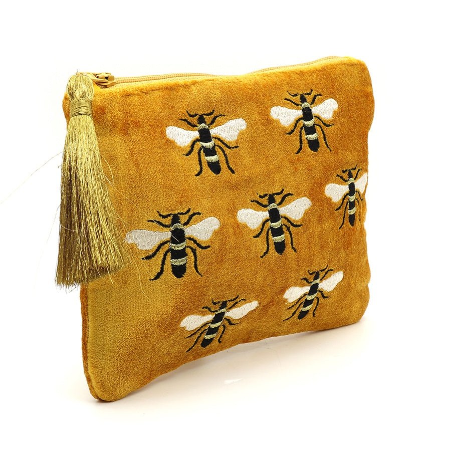 Mustard Velvet Embroidered Bee Purse | The Jewellery Stop