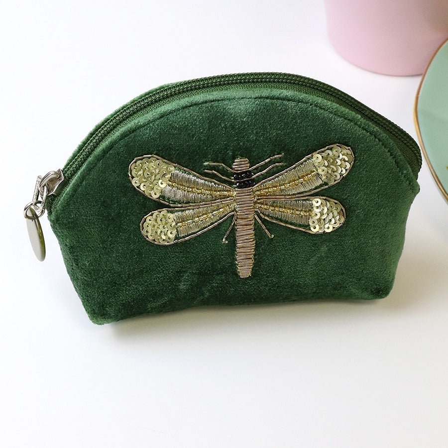 Green Velvet Embroidered Dragonfly Pouch Purse | The Jewellery Stop