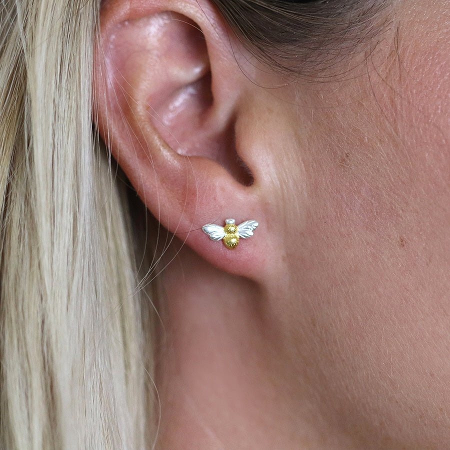 Two Tone Sterling Silver Tiny Bee Stud Earrings | The Jewellery Stop