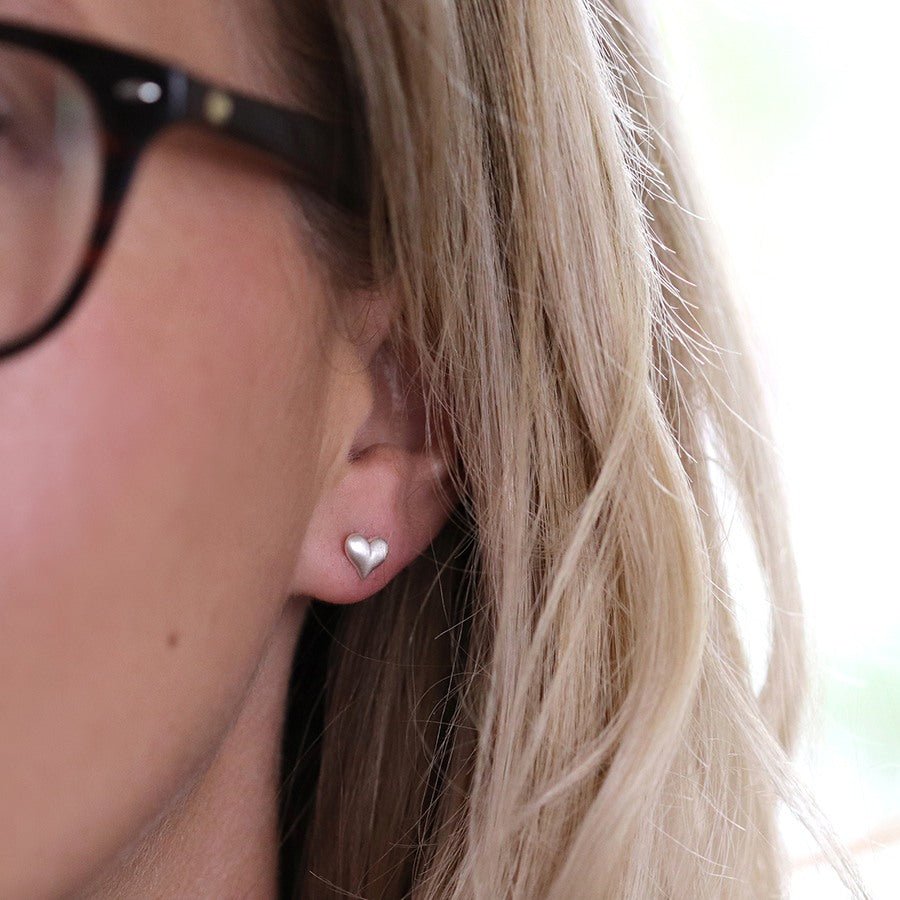 Brushed Sterling Silver Puff Heart Stud Earrings | The Jewellery Stop