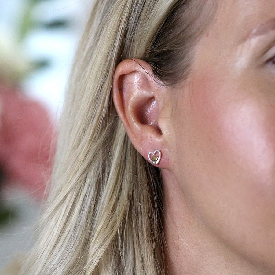 Two Tone Sterling Silver Heart Stud Earrings | The Jewellery Stop