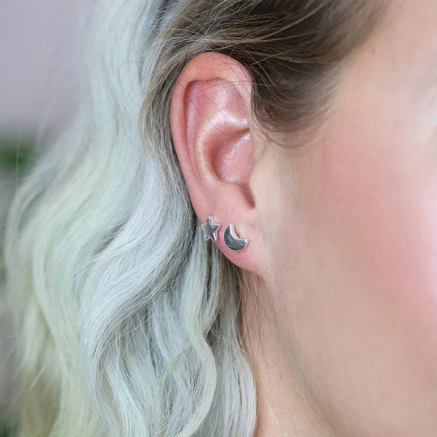Sterling Silver Moon And Star Asymmetrical Stud Earrings | The Jewellery Stop