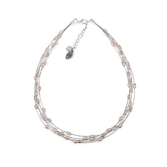 White Freshwater Baroque Rice Pearl 5 Strand Floating Necklace