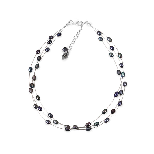 Peacock Freshwater Rice Pearl 3 Strand Floating Necklace