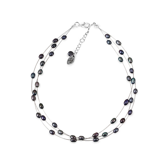 Peacock Freshwater Rice Pearl 3 Strand Floating Necklace | The Jewellery Stop