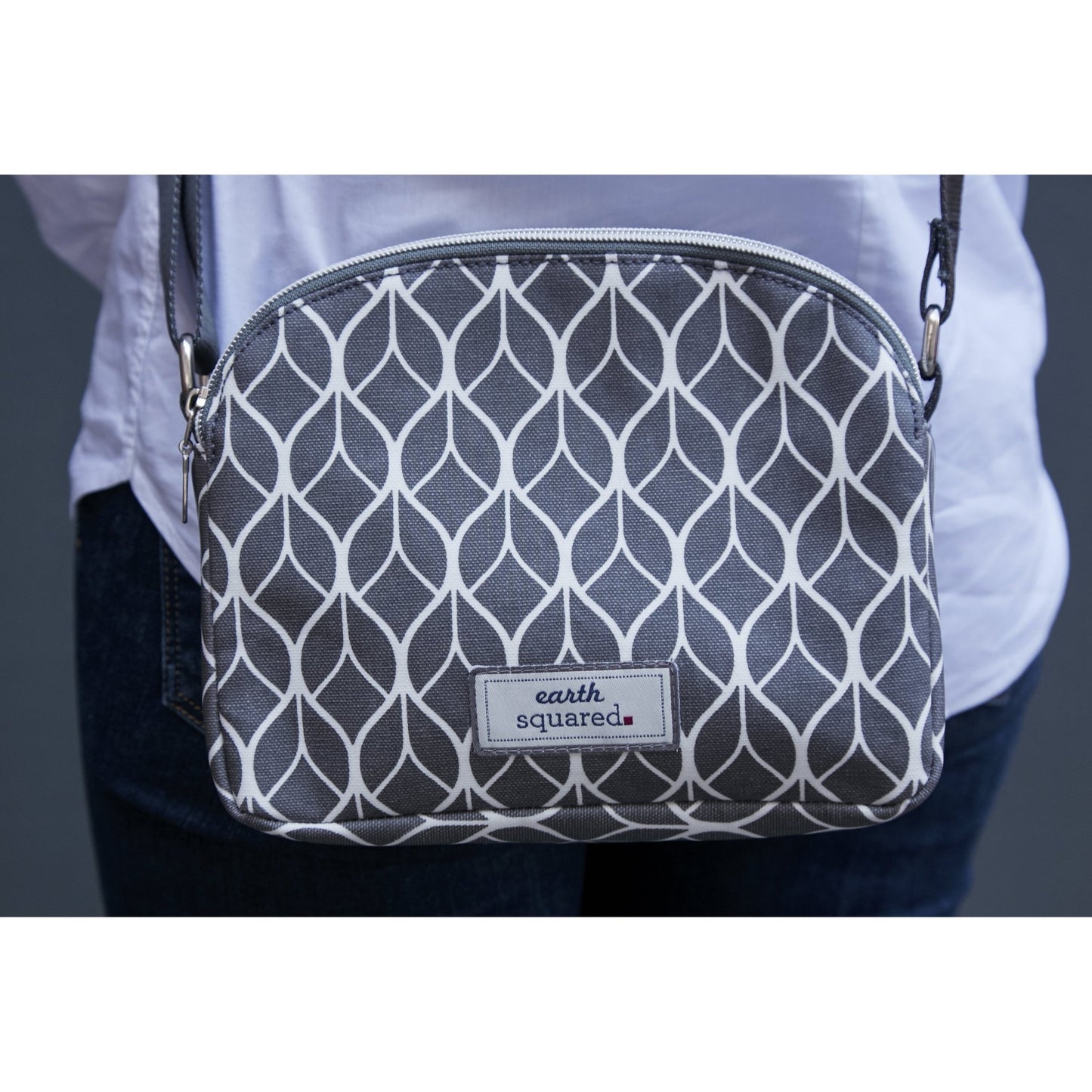 Grey Geometric Oil Cloth Halfmoon Bag | The Jewellery Stop