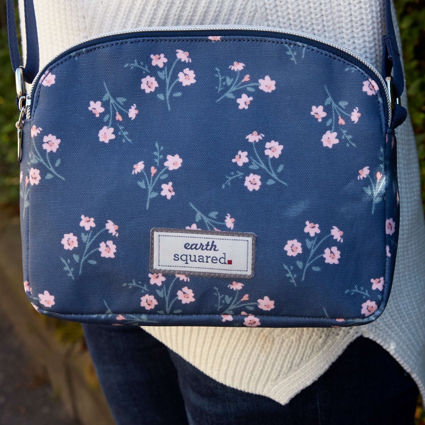 Navy Flower Oil Cloth Halfmoon Bag | The Jewellery Stop