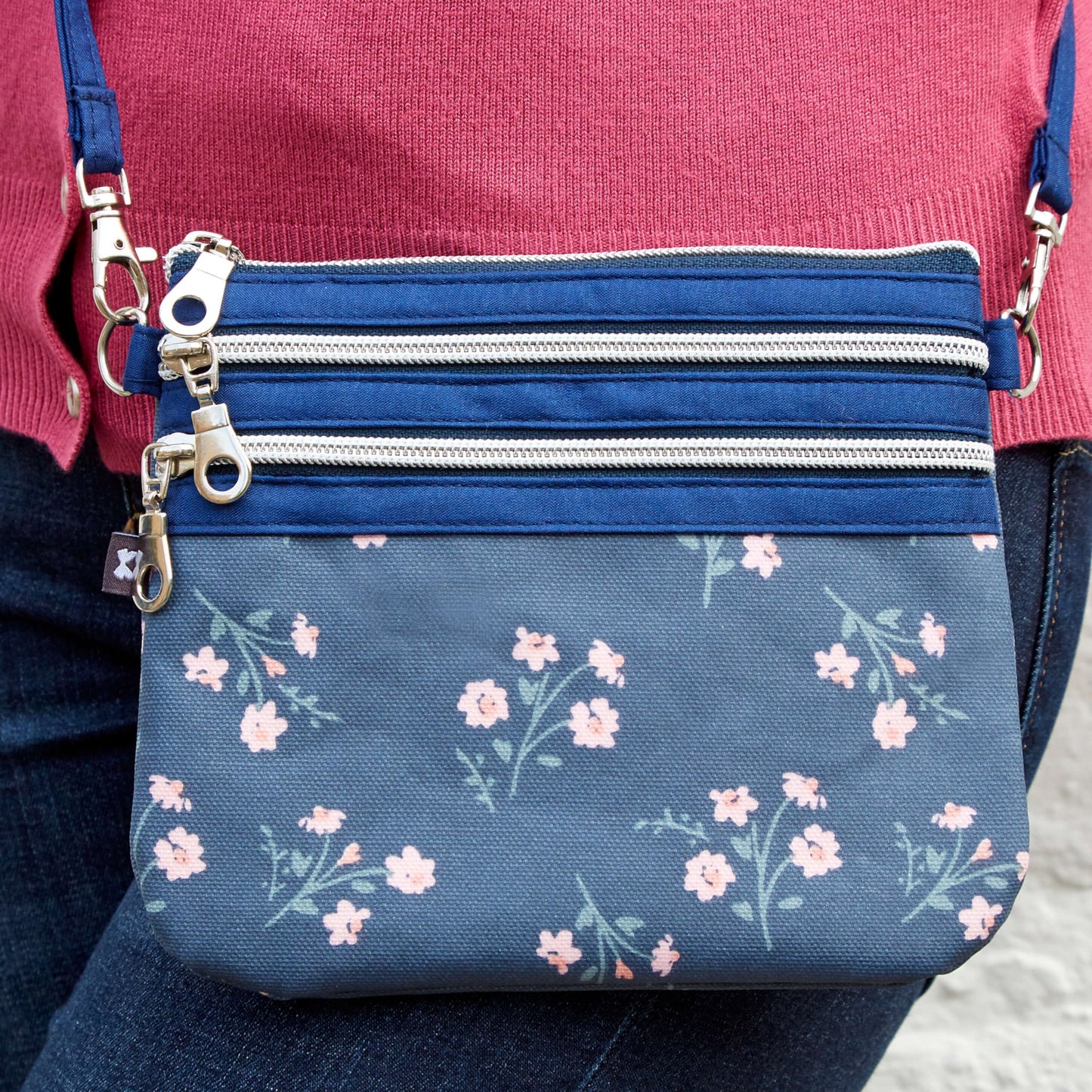 Navy Flower Oil Cloth Pouch Bag | The Jewellery Stop