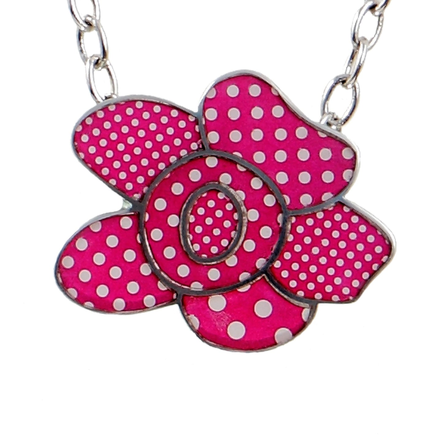 Pink Polka Dot Flower Long Chain Necklace | The Jewellery Stop