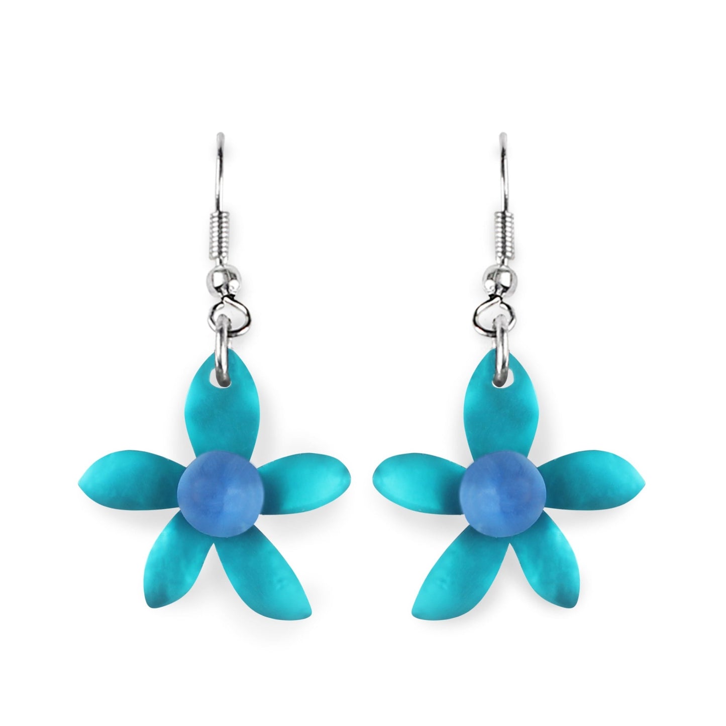 Teal Flower Matte Fish Hook Earrings | The Jewellery Stop