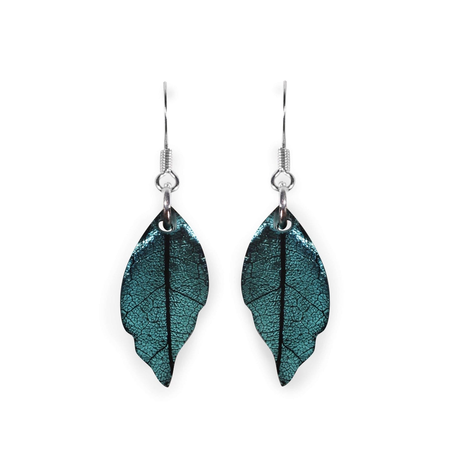 Aqua Skeletal Leaf Shiny Fish Hook Earrings | The Jewellery Stop