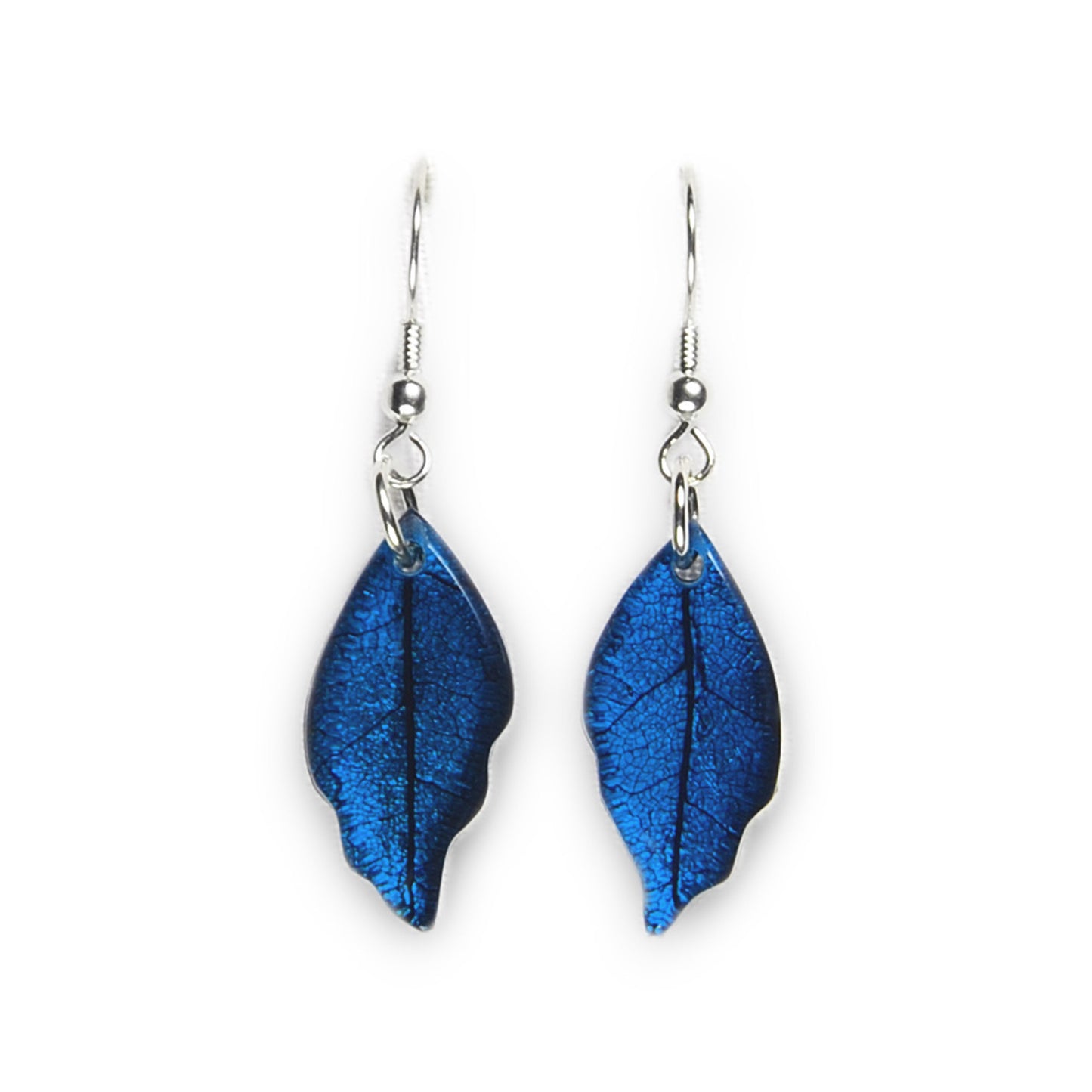 Navy Skeletal Leaf Shiny Fish Hook Earrings | The Jewellery Stop