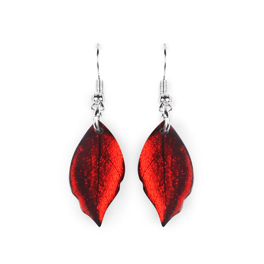 Red Skeletal Leaf Shiny Fish Hook Earrings