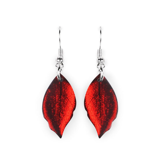 Red Skeletal Leaf Shiny Fish Hook Earrings | The Jewellery Stop