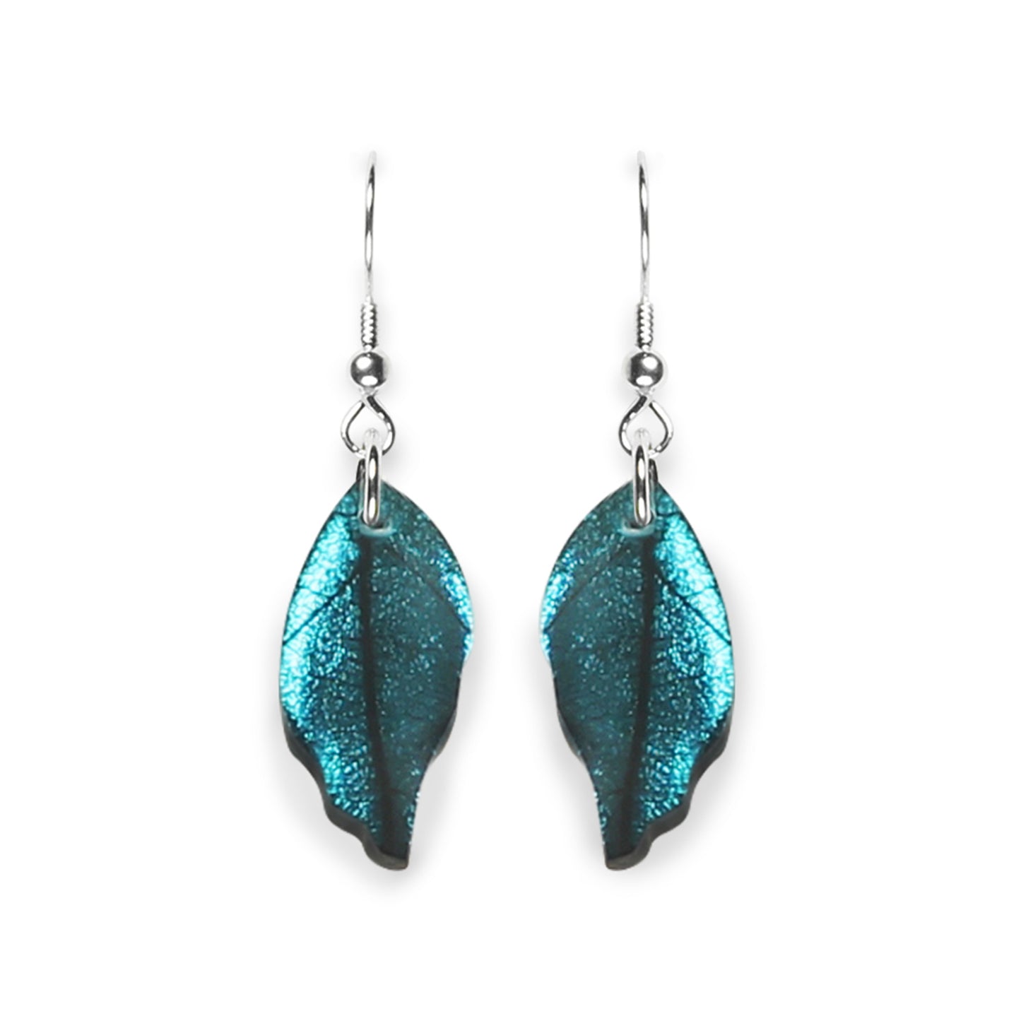 Teal Skeletal Leaf Shiny Fish Hook Earrings