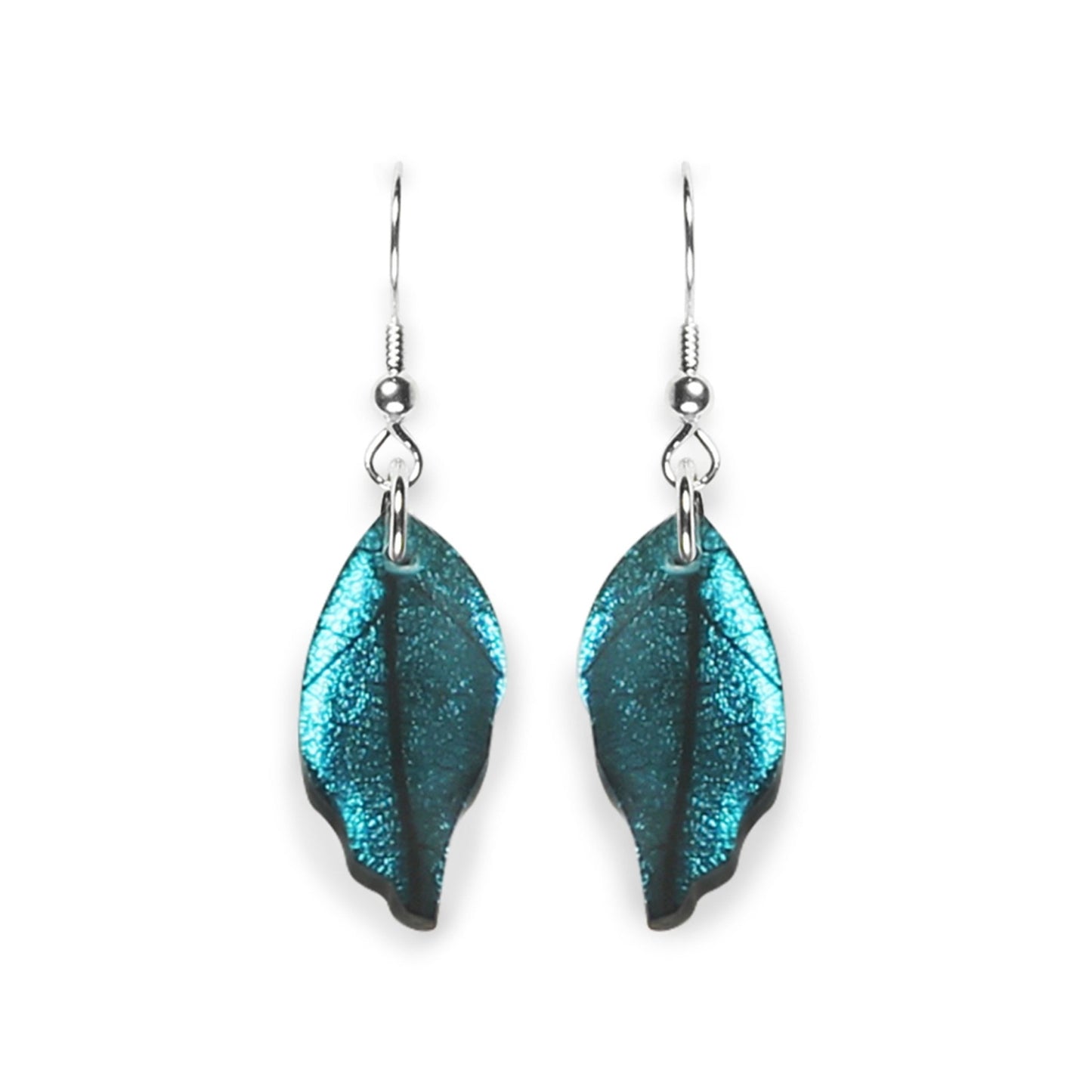 Teal Skeletal Leaf Shiny Fish Hook Earrings | The Jewellery Stop