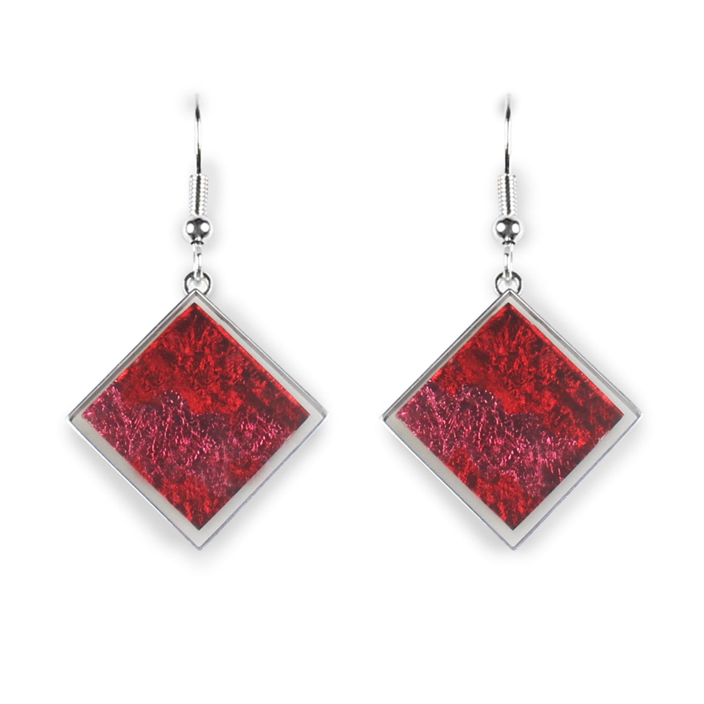 Red Stained Glass Square Shiny Fish Hook Earrings | The Jewellery Stop