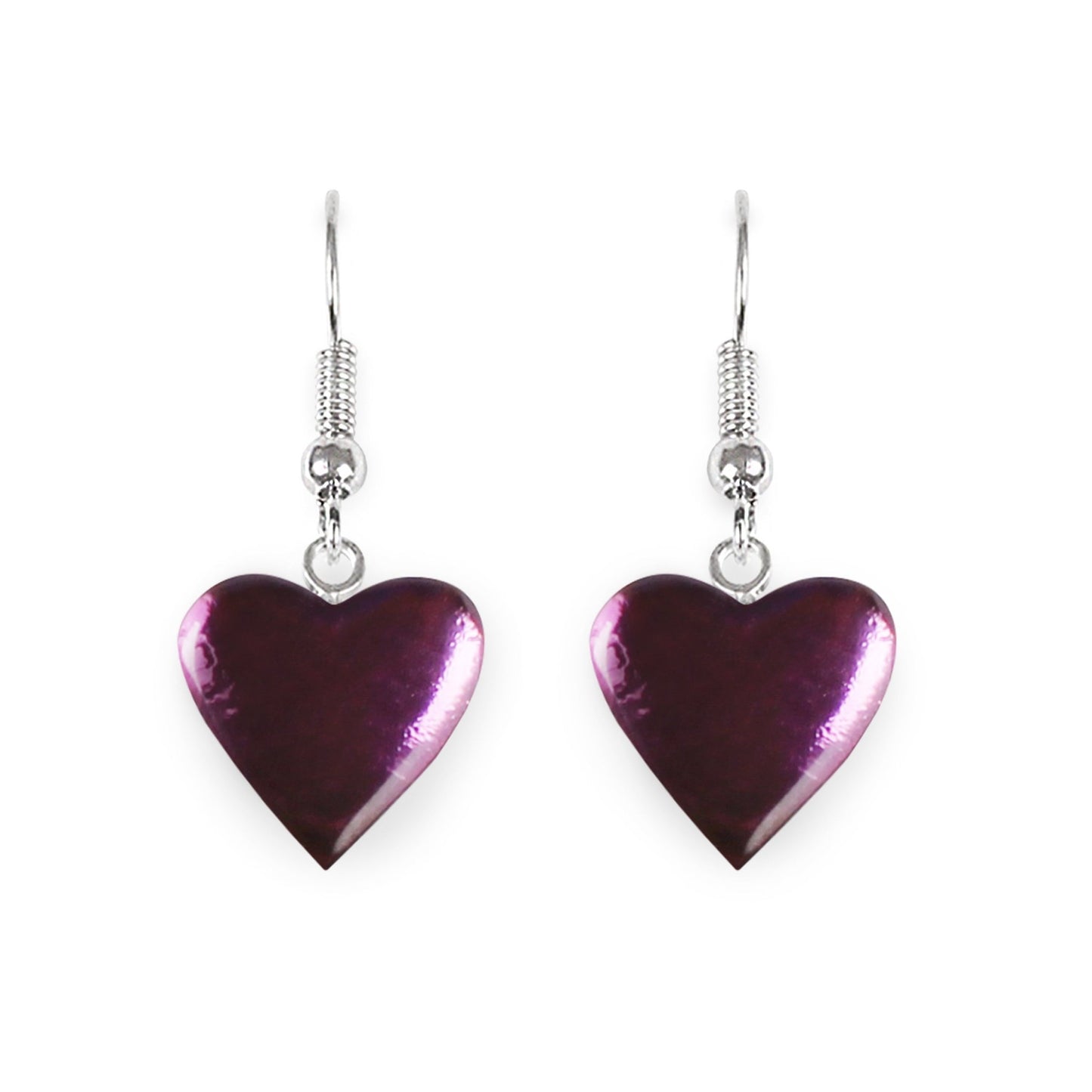 Purple Love Heart Shiny Fish Hook Earrings | The Jewellery Stop