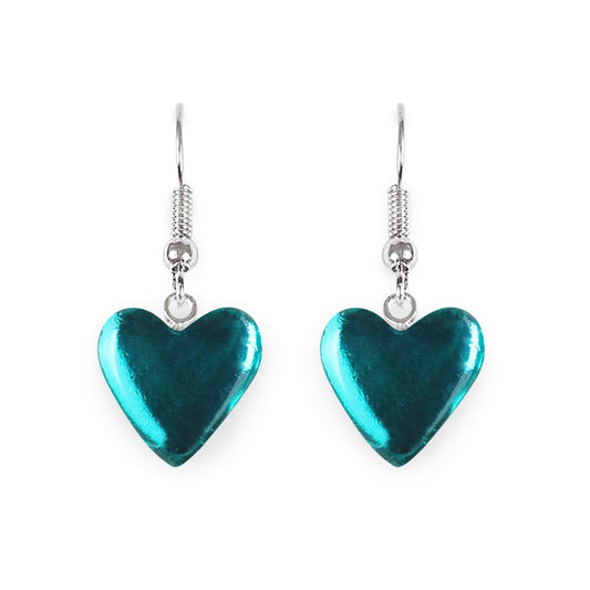 Teal Love Heart Shiny Fish Hook Earrings | The Jewellery Stop
