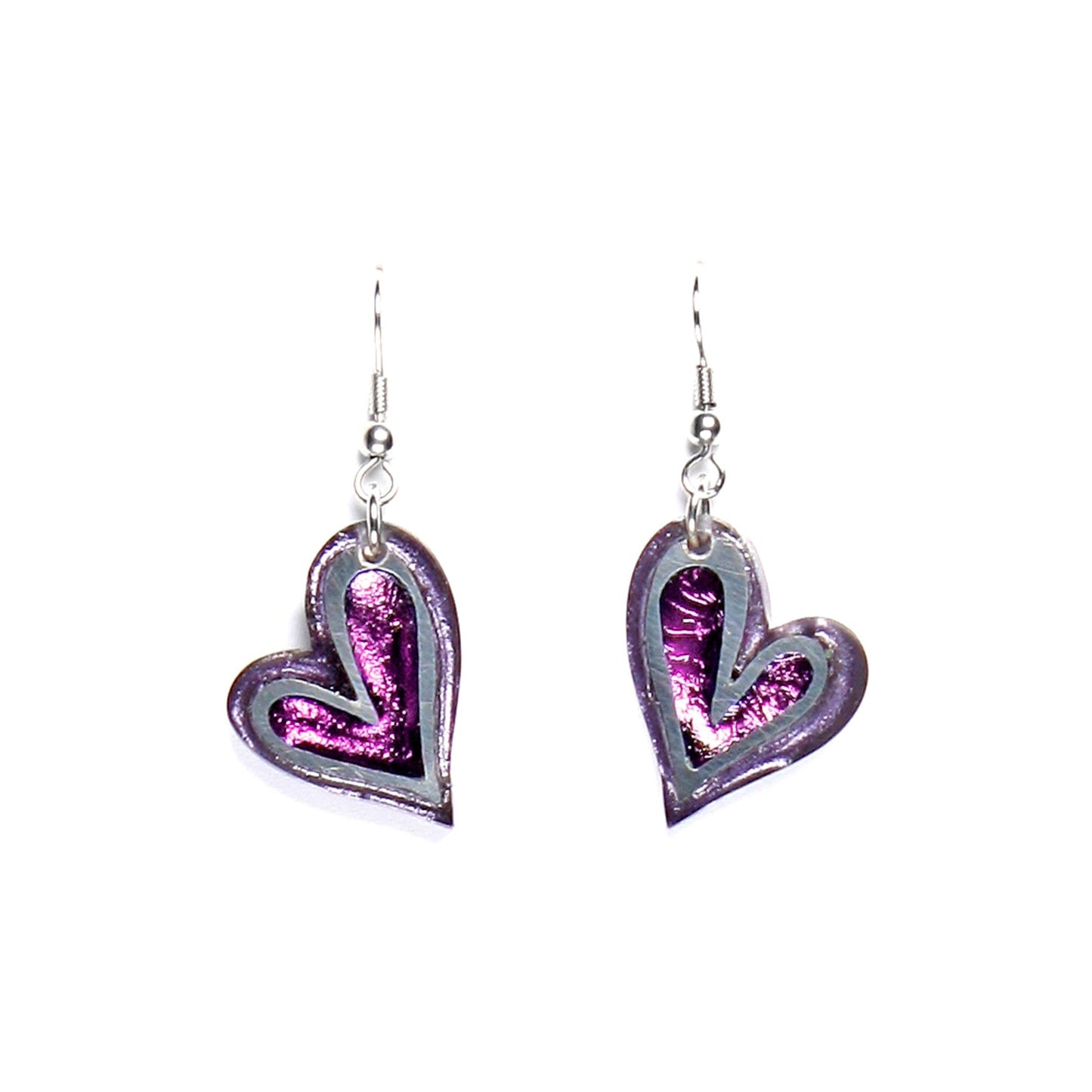 Purple Linear Heart Shiny Fish Hook Earrings | The Jewellery Stop
