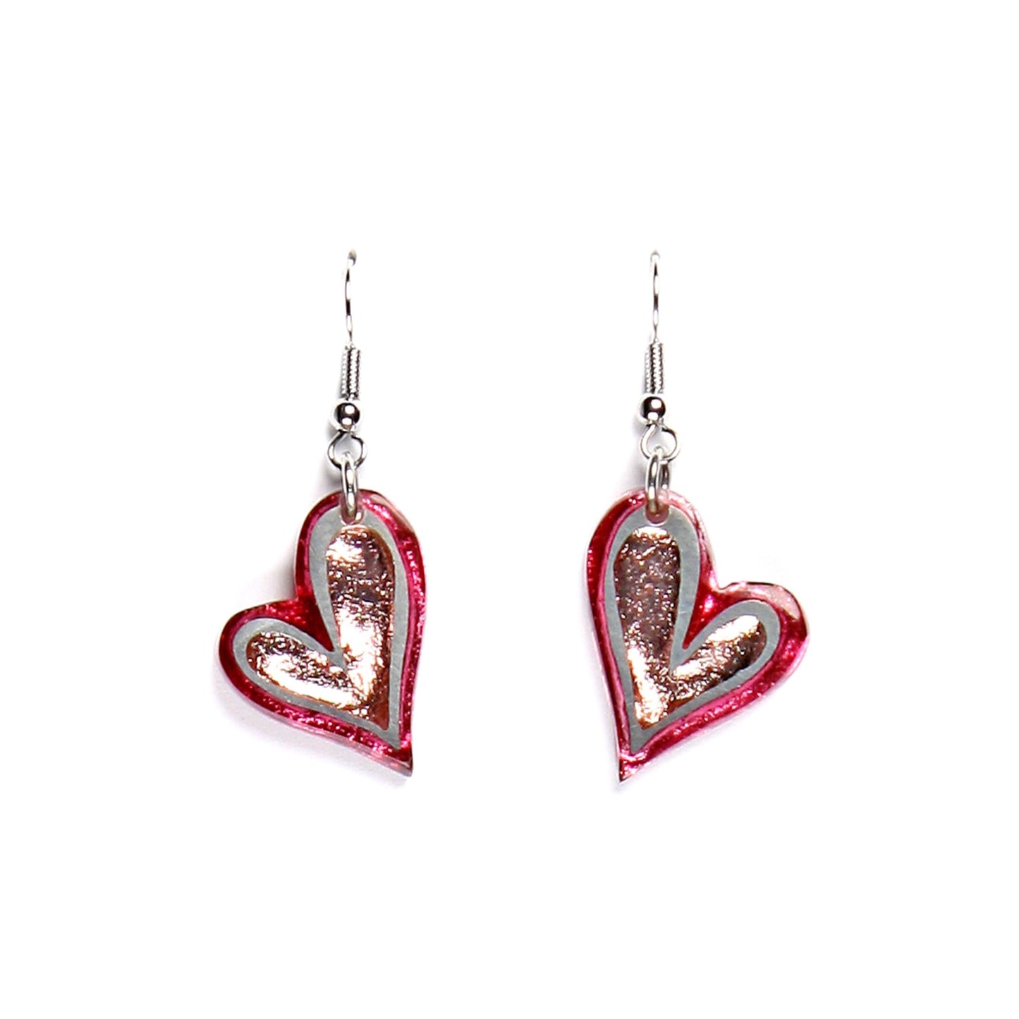 Raspberry Linear Heart Shiny Fish Hook Earrings | The Jewellery Stop