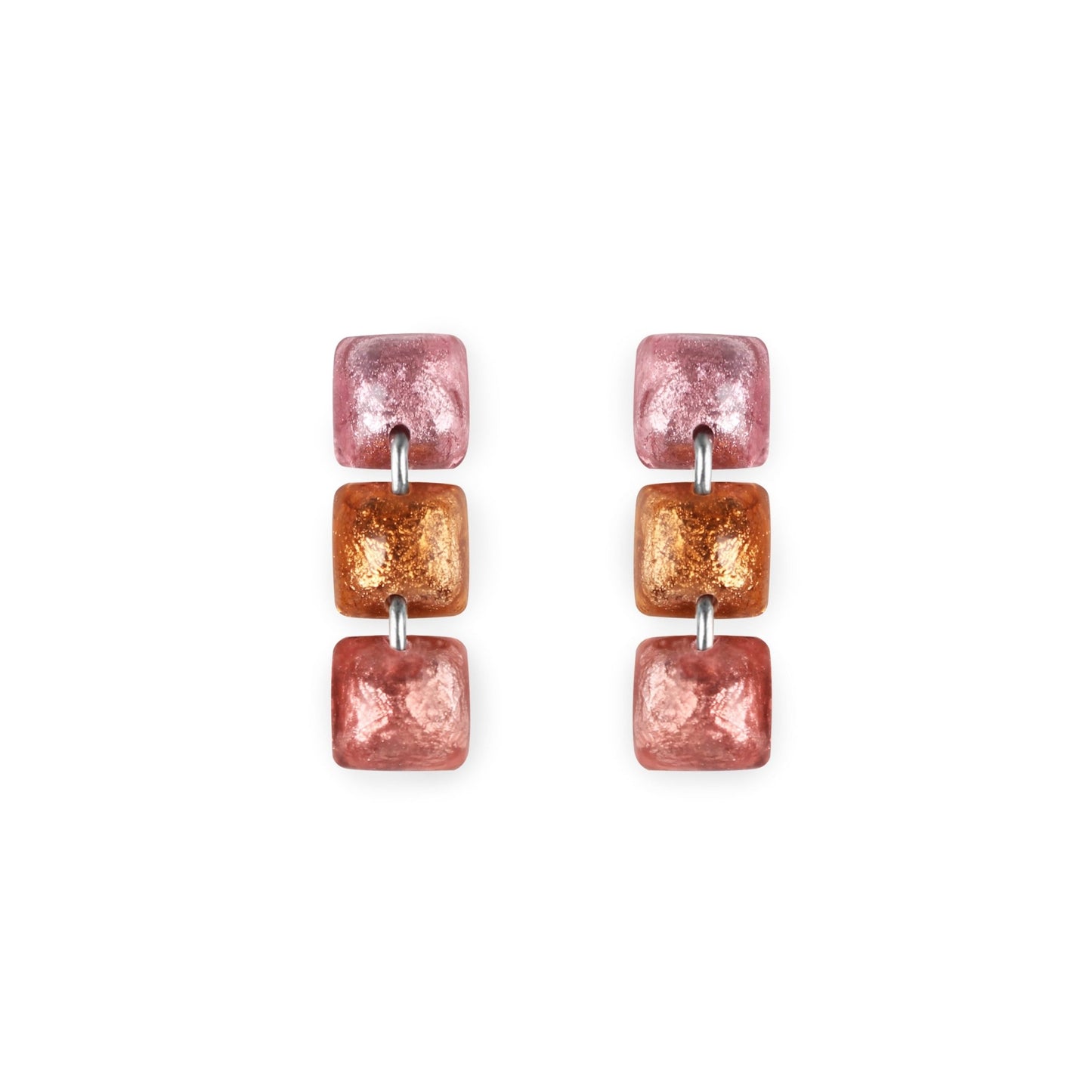 Coral Cabouchon Squares Shiny Triple Drop Stud Earrings | The Jewellery Stop