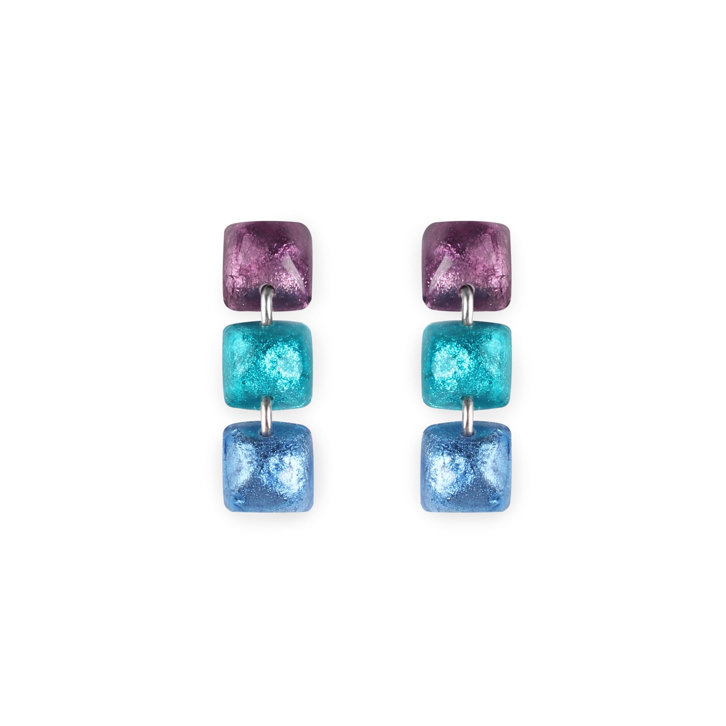 Peacock Cabouchon Squares Shiny Triple Drop Stud Earrings | The Jewellery Stop