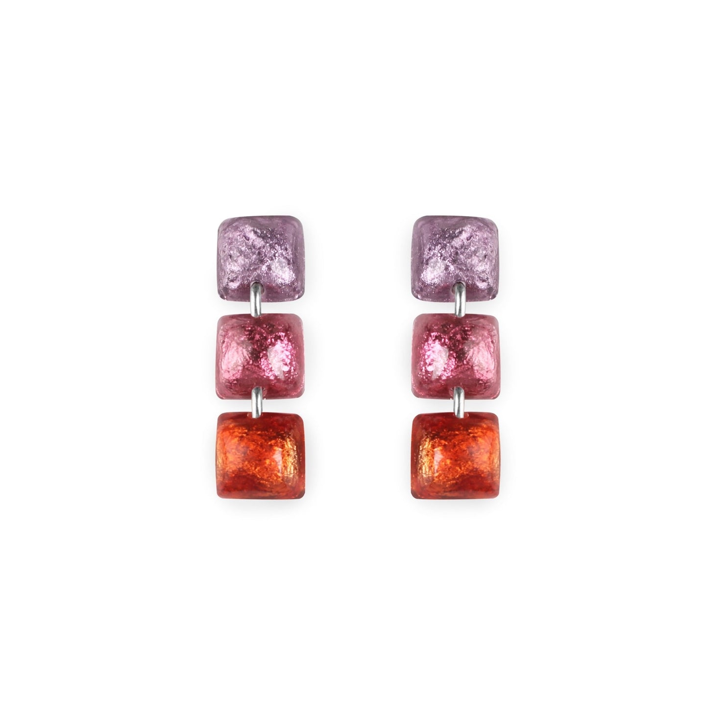 Rainbow Cabouchon Squares Shiny Triple Drop Stud Earrings | The Jewellery Stop