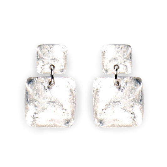 Silver Antique Square Shiny Dangle Stud Earrings
