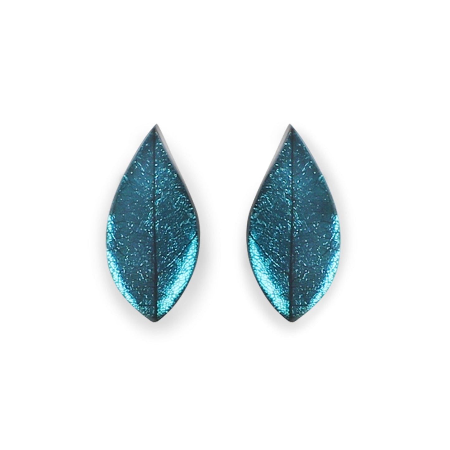Teal Skeletal Leaf Shiny Clip Earrings | The Jewellery Stop