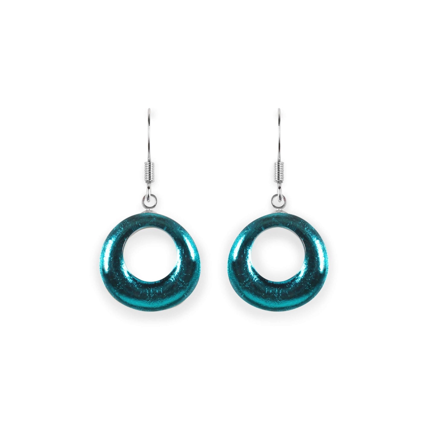 Teal Hollow Circles Shiny Fish Hook Earrings | The Jewellery Stop