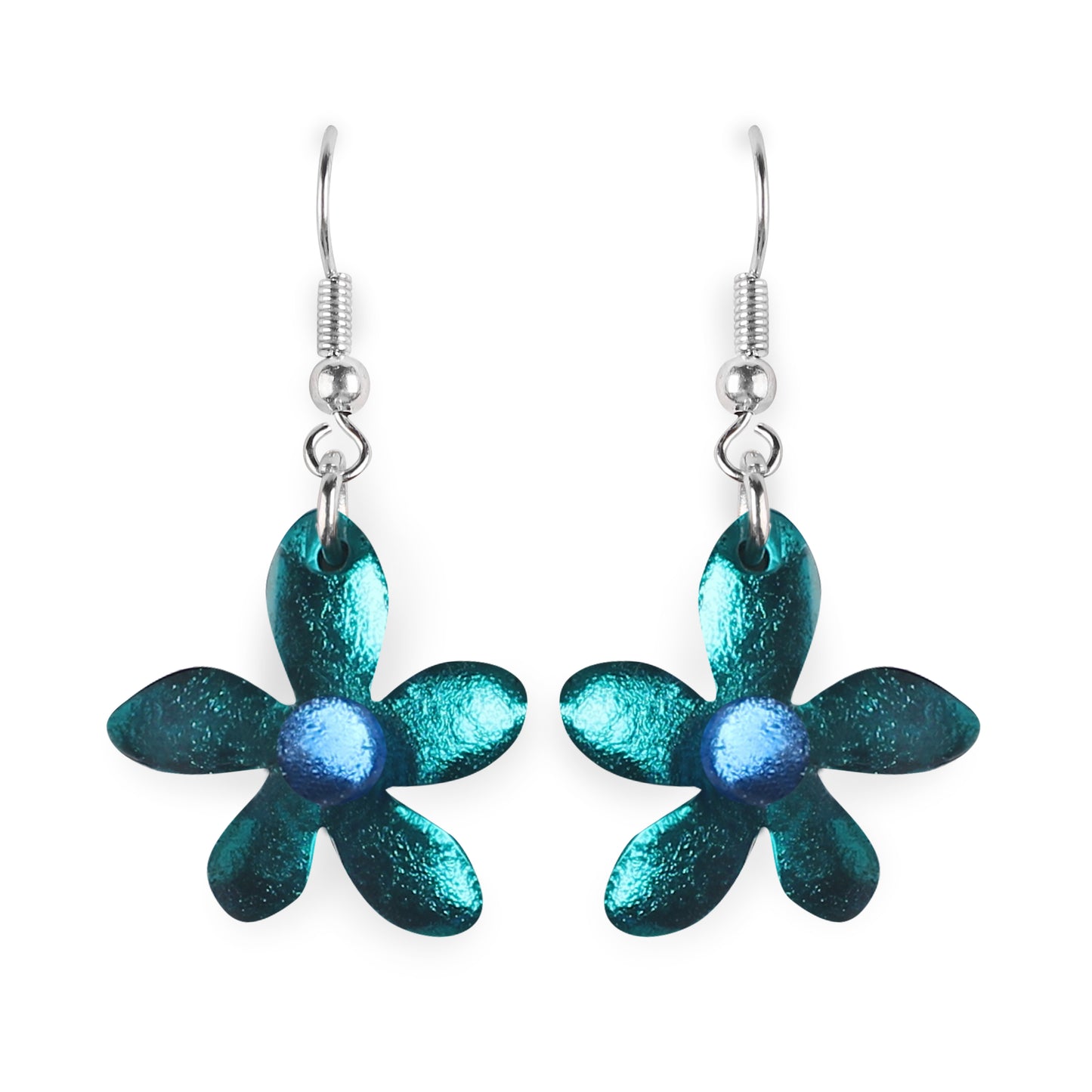 Teal Flower Shiny Fish Hook Earrings | The Jewellery Stop