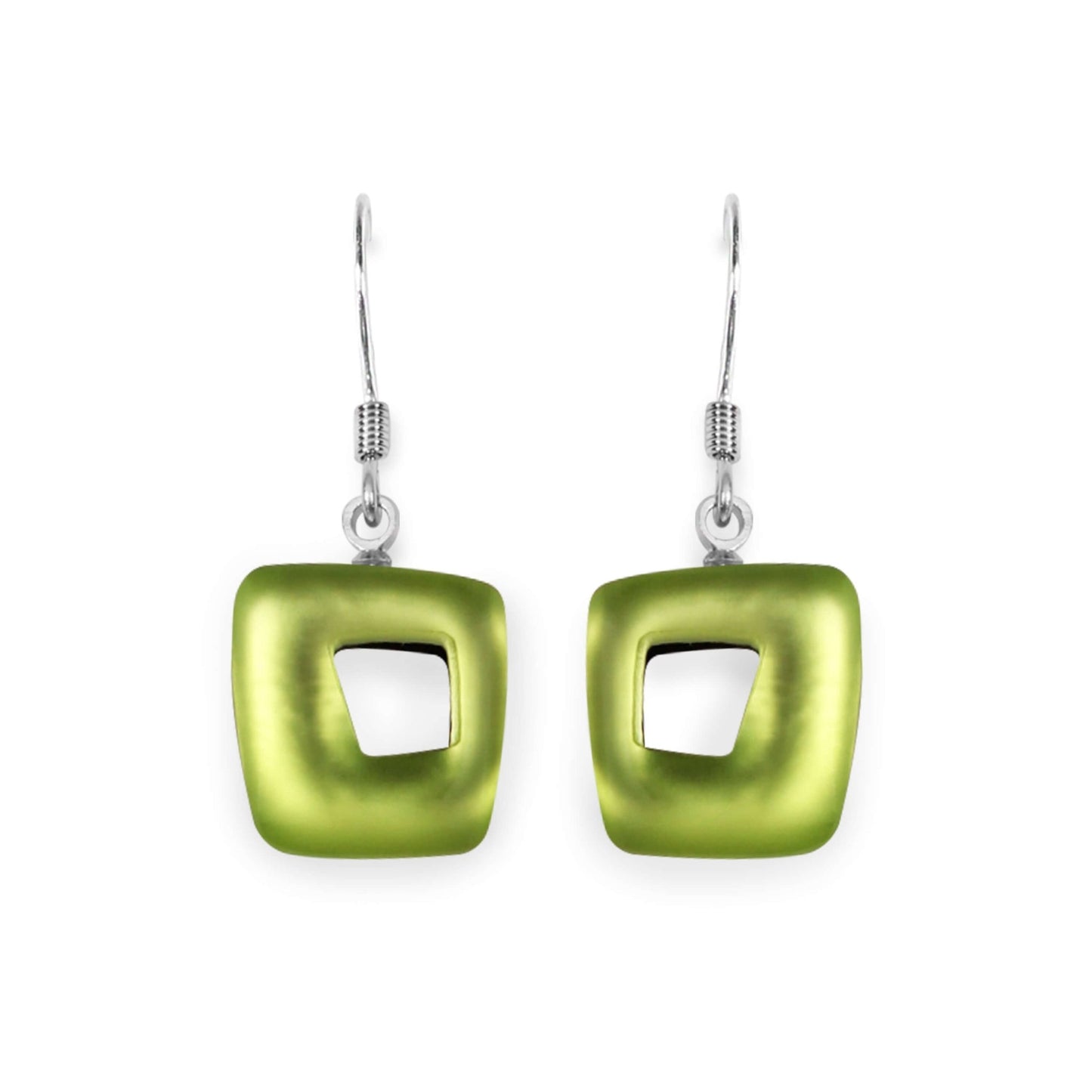 Kiwi Hollow Squares Matte Small Fish Hook Earrings | The Jewellery Stop