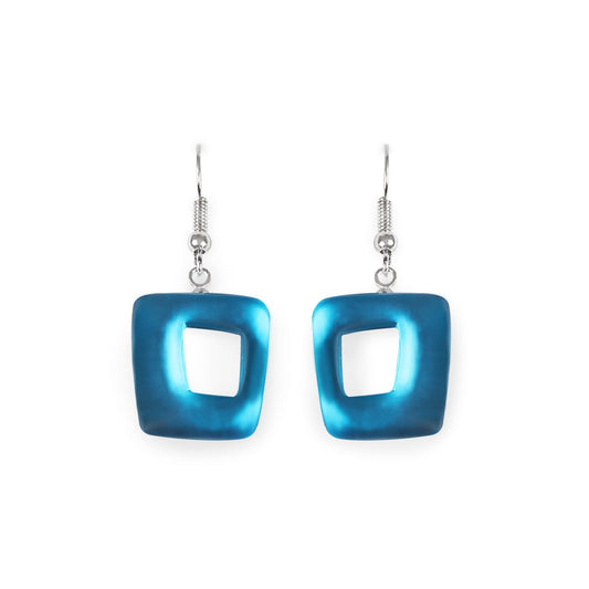 Turquoise Hollow Squares Matte Small Fish Hook Earrings | The Jewellery Stop